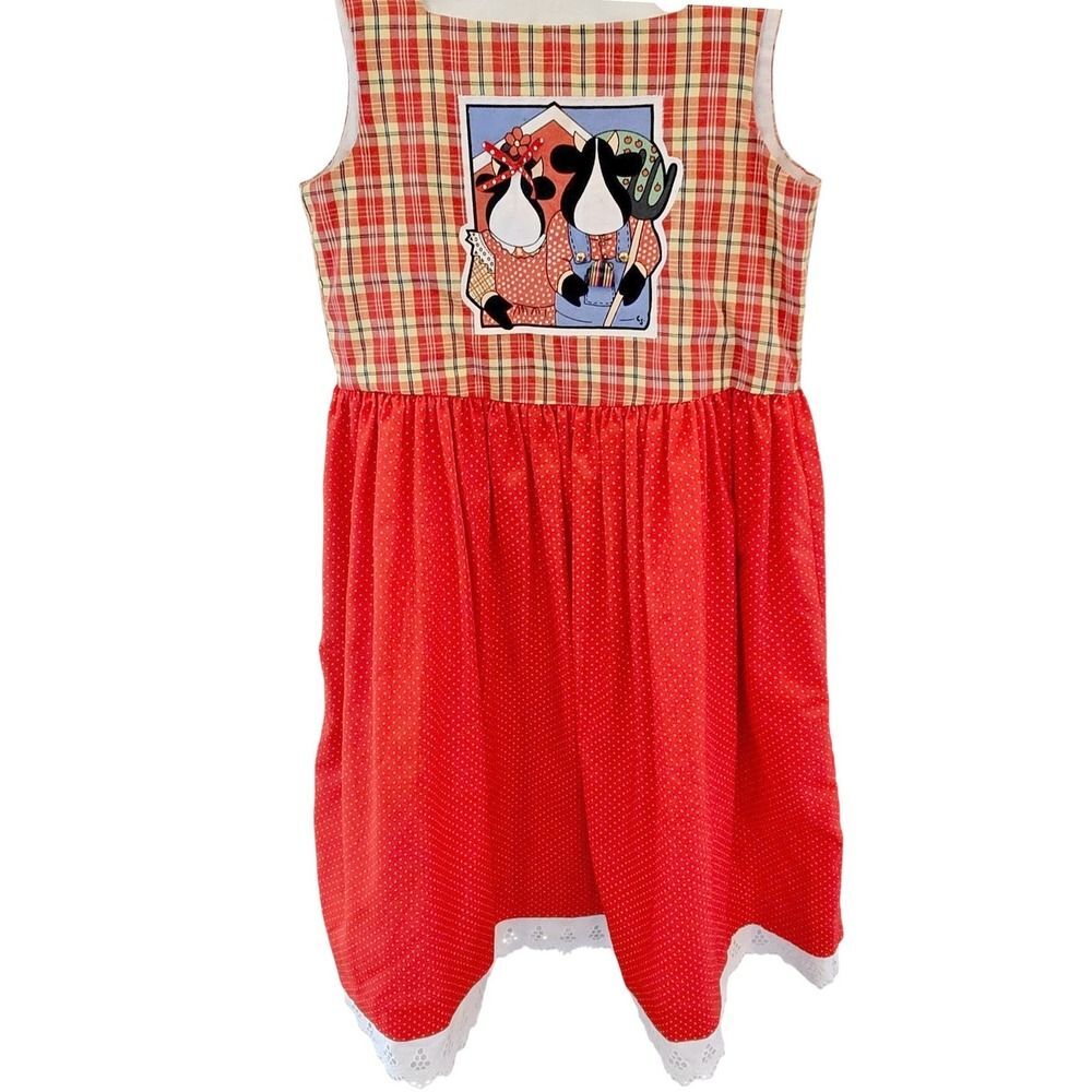 Vintage 1980s Chocolate Soup Girls Size 6 Cow Plaid Polka Dot Jumper Dress USA